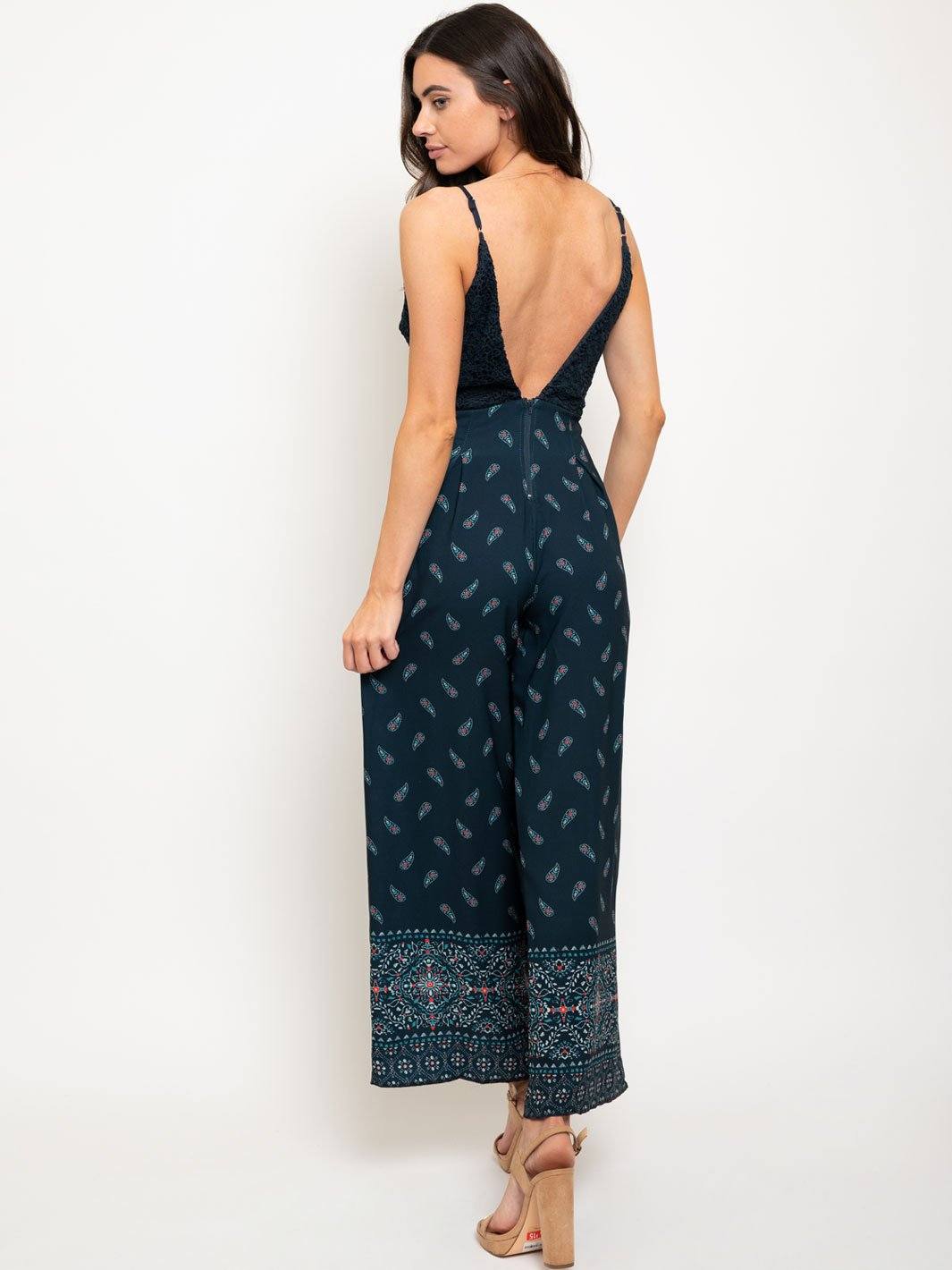 WOMEN'S LACE FLORAL PRINT OPEN BACK JUMPSUIT