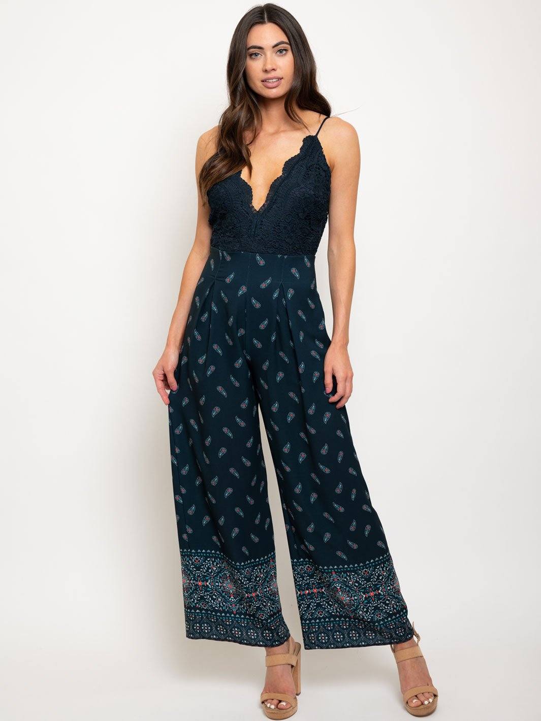 WOMEN'S LACE FLORAL PRINT OPEN BACK JUMPSUIT