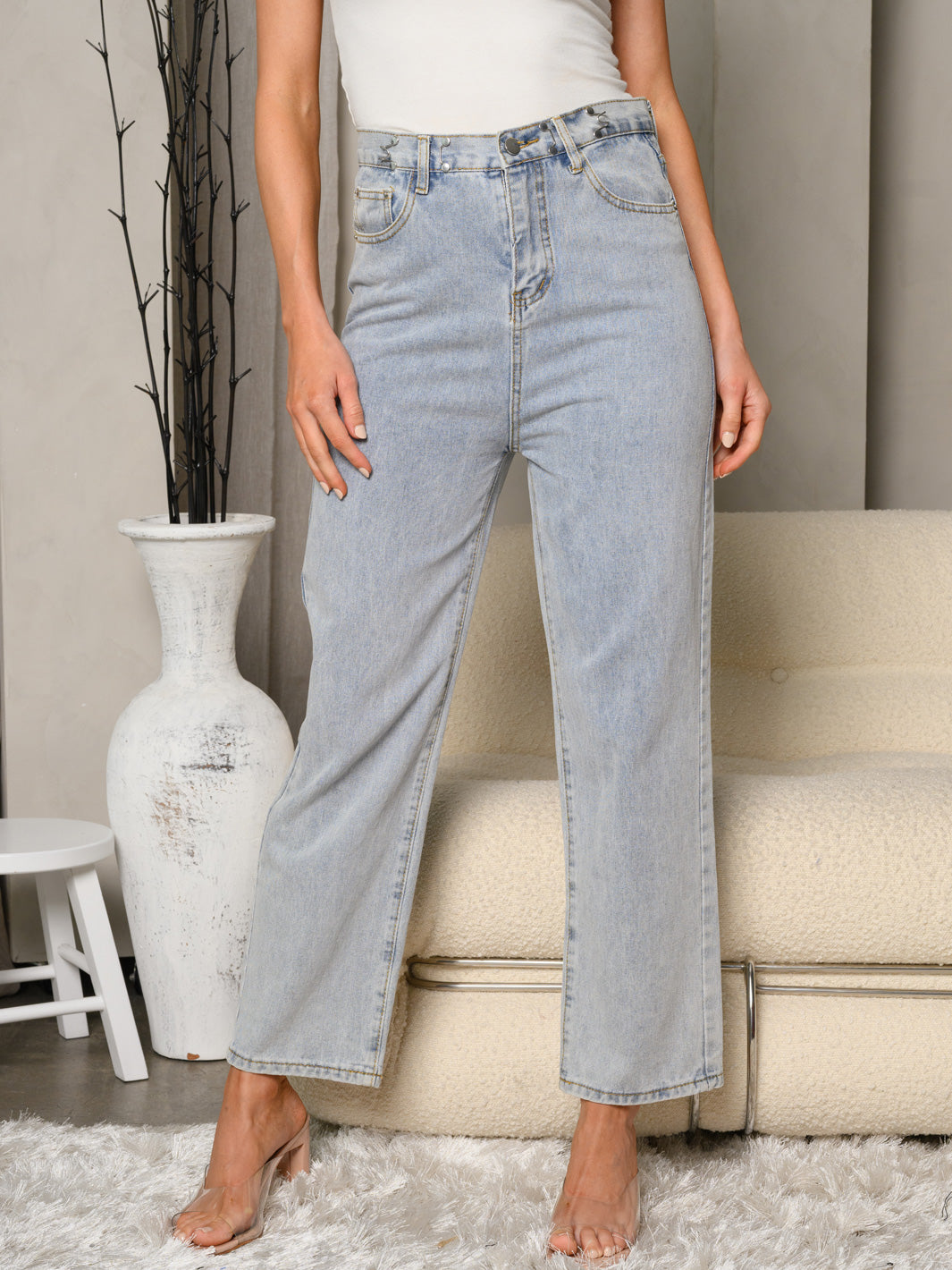 WOMEN'S ADJUSTABLE WAIST POCKETS DENIM PANTS