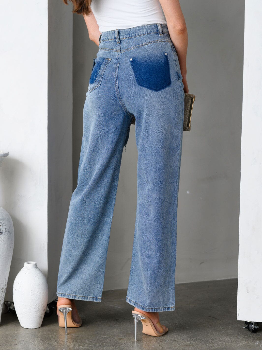 WOMEN'S CUT PUT KNEE WIDE LEG JEANS