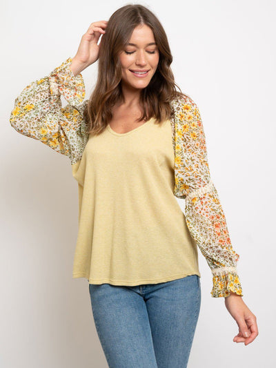 WOMEN'S DOUBLE PUFF FLORAL V-NECK TOP