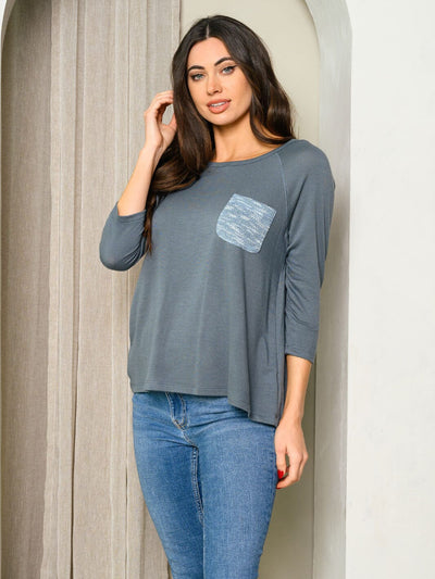 WOMEN'S 3/4 SLEEVE FRONT POCKET TWO TONE TOP