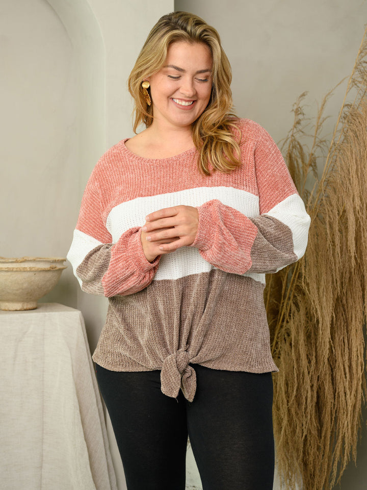 PLUS SIZE COLORBLOCK FRONT TIE SWEATER