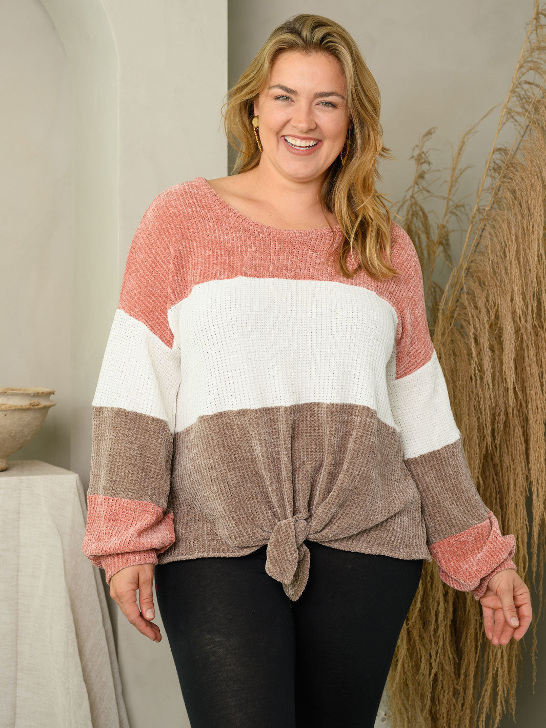 PLUS SIZE COLORBLOCK FRONT TIE SWEATER