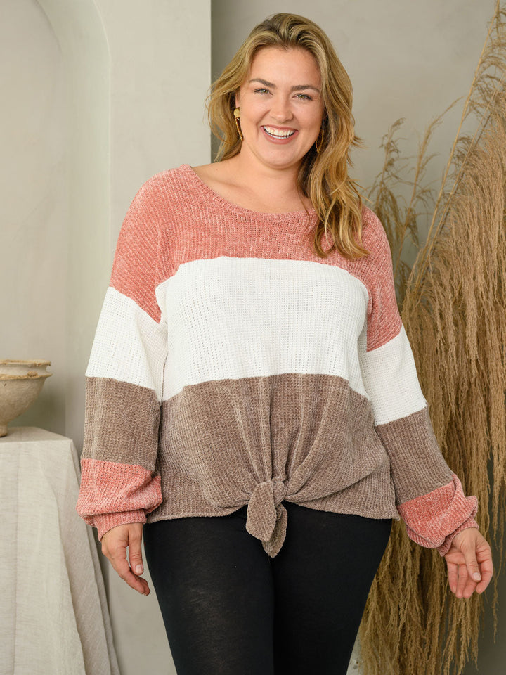 PLUS SIZE COLORBLOCK FRONT TIE SWEATER
