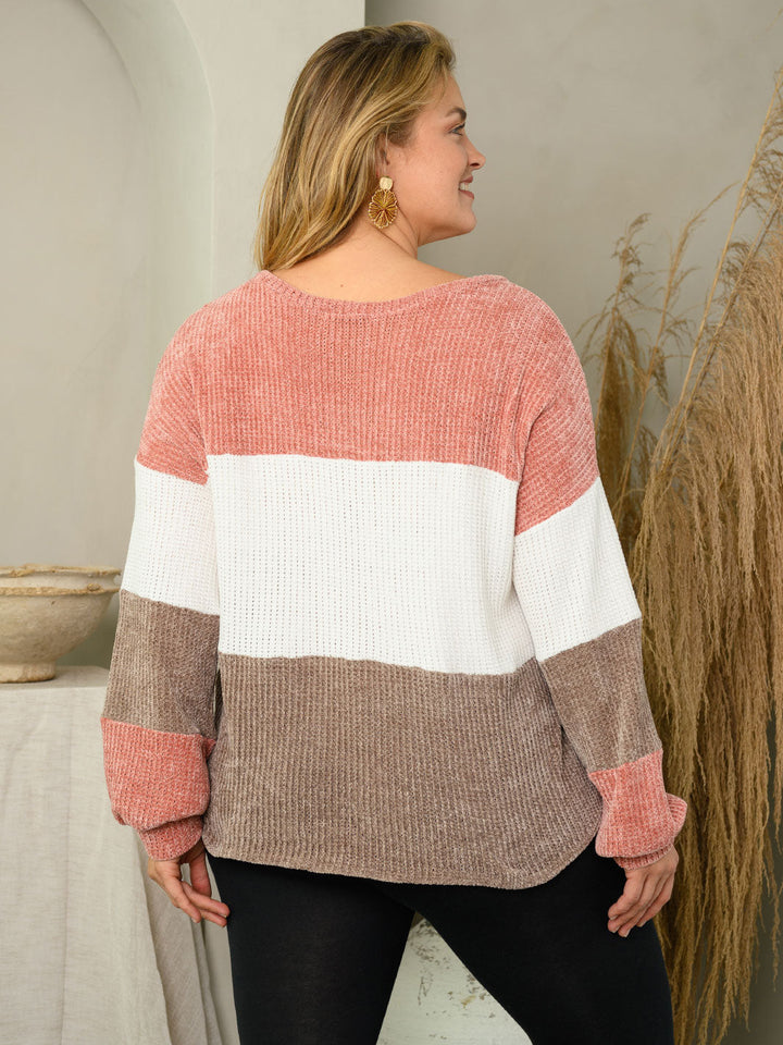 PLUS SIZE COLORBLOCK FRONT TIE SWEATER