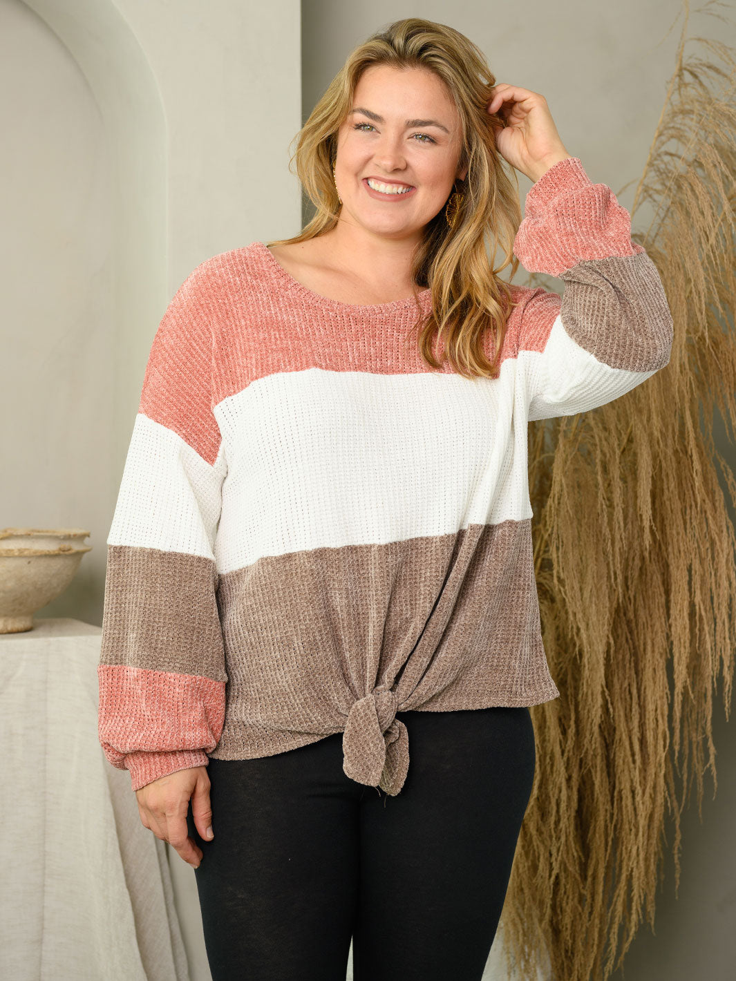 PLUS SIZE COLORBLOCK FRONT TIE SWEATER