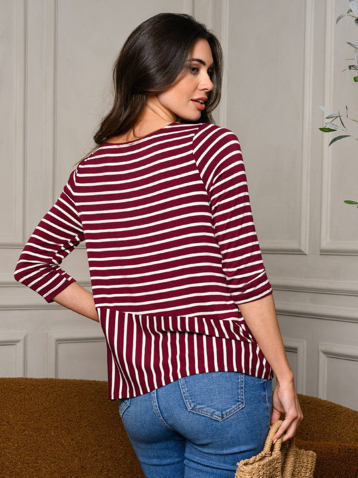WOMEN'S 3/4 SLEEVE FRONT KNOT STRIPES TOP