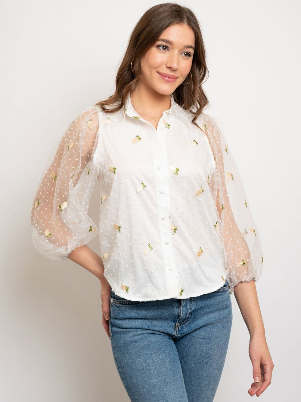 WOMEN'S 3/4 SLEEVE BUTTON UP TOP