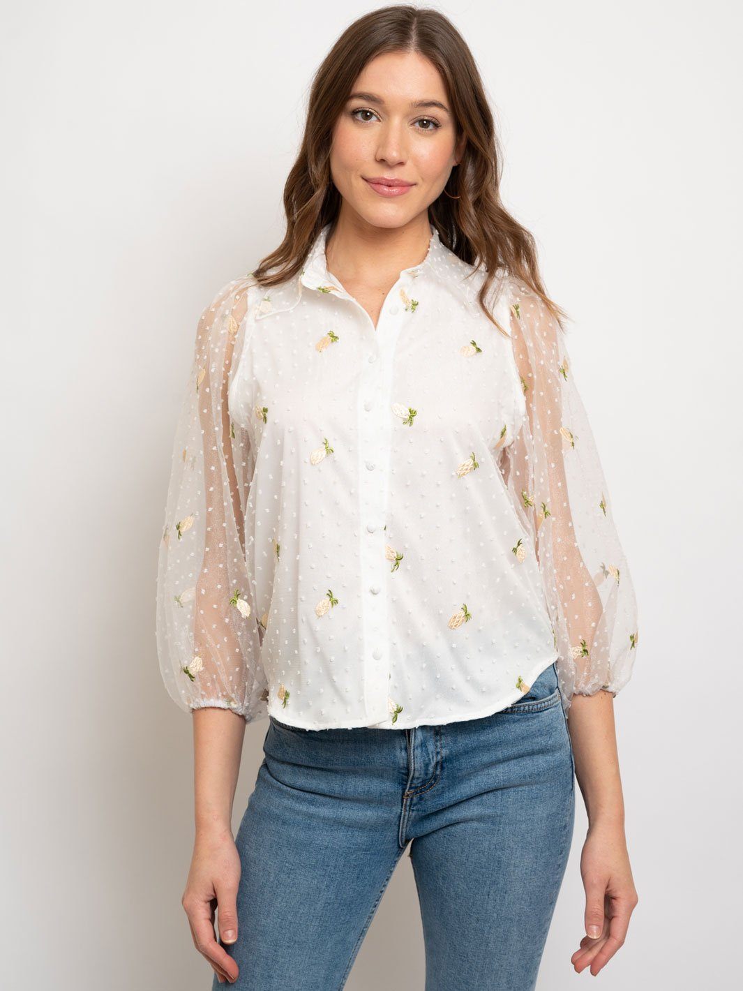 WOMEN'S 3/4 SLEEVE BUTTON UP TOP