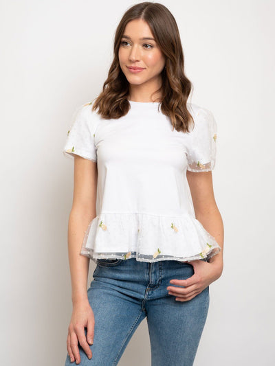 WOMEN'S RUFFLED SLEEVE W/ FLOWER SHEER DETAILED TOP