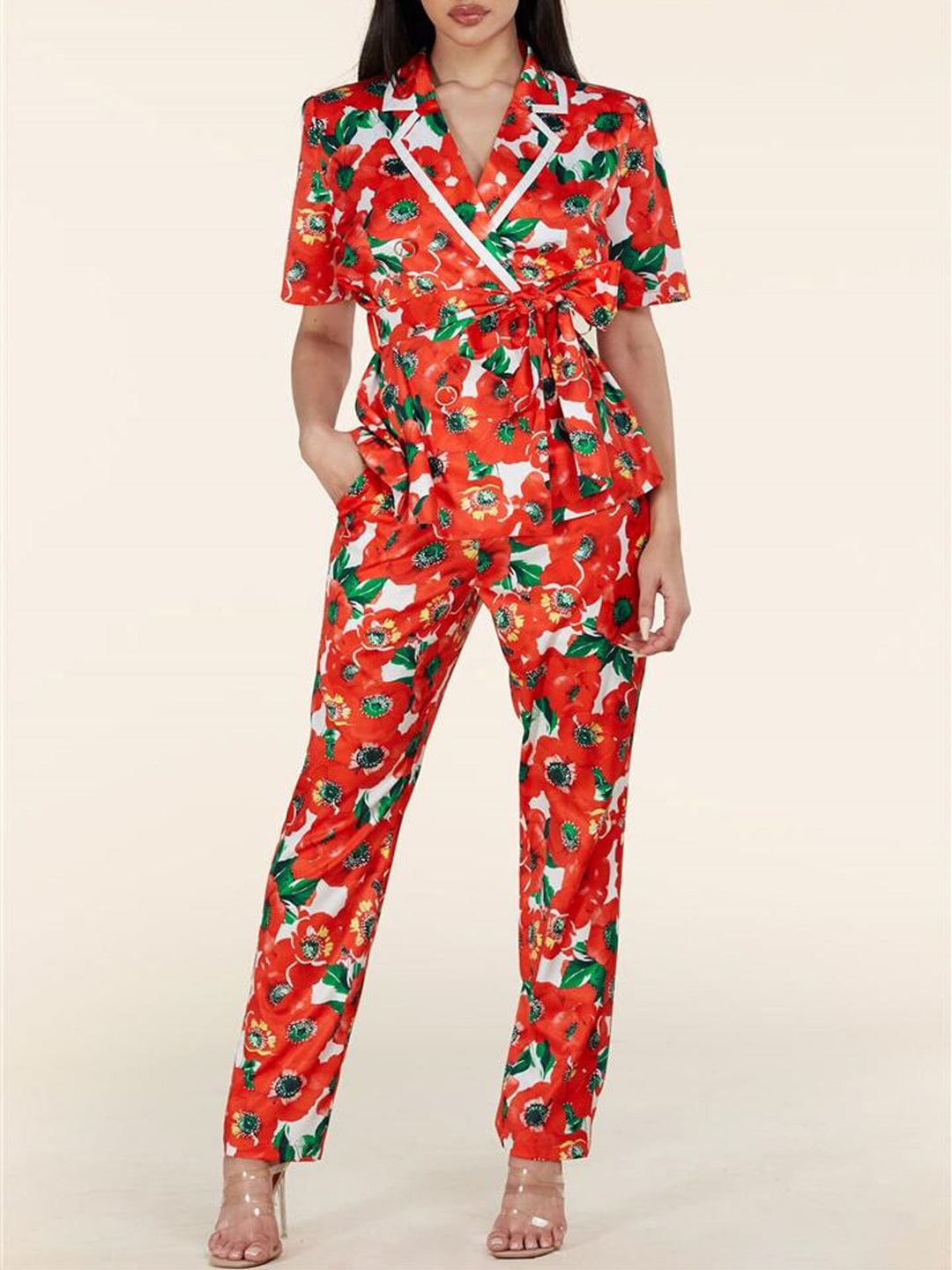 WOMEN'S SHORT SLEEVE 2PC. TOP & PANTS FLORAL SET