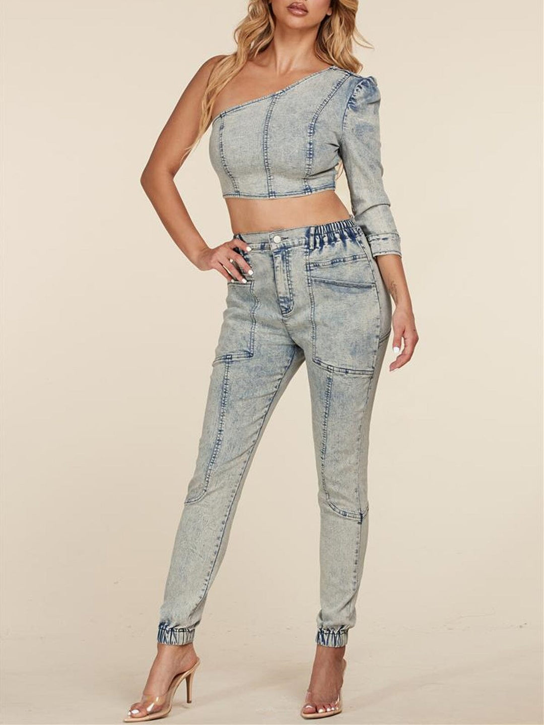 WOMEN'S ONE SHOULDER TOP & PANTS DENIM 2PC SET