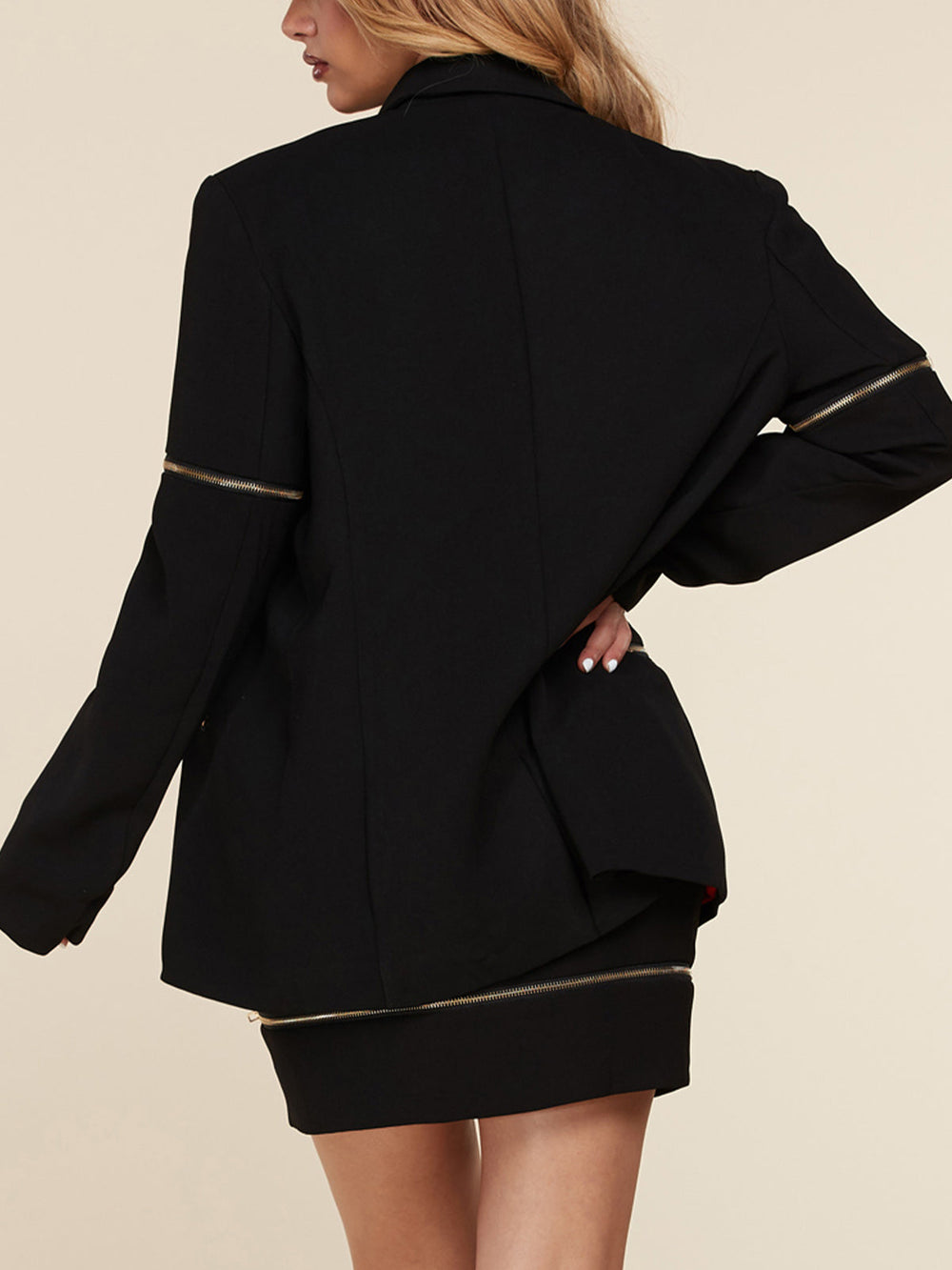 WOMEN'S 2PC. LONG SLEEVE JACKET & SKIRT ZIPPER DETAILED SET