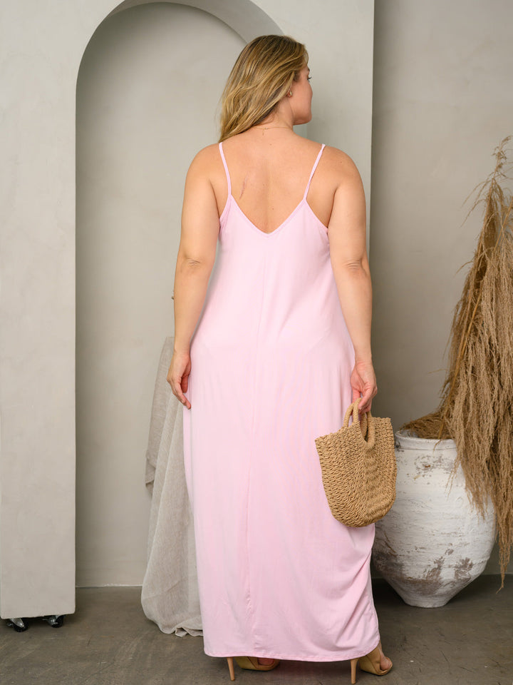 PLUS SIZE SLEEVELESS V-NECK POCKETS MAXI DRESS