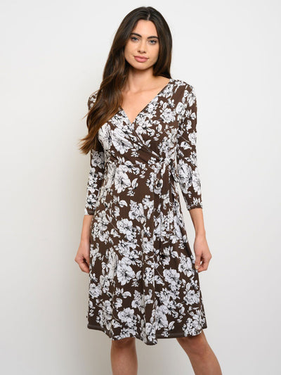 WOMEN'S 3/4 SLEEVES FLORAL WRAP MIDI DRESS
