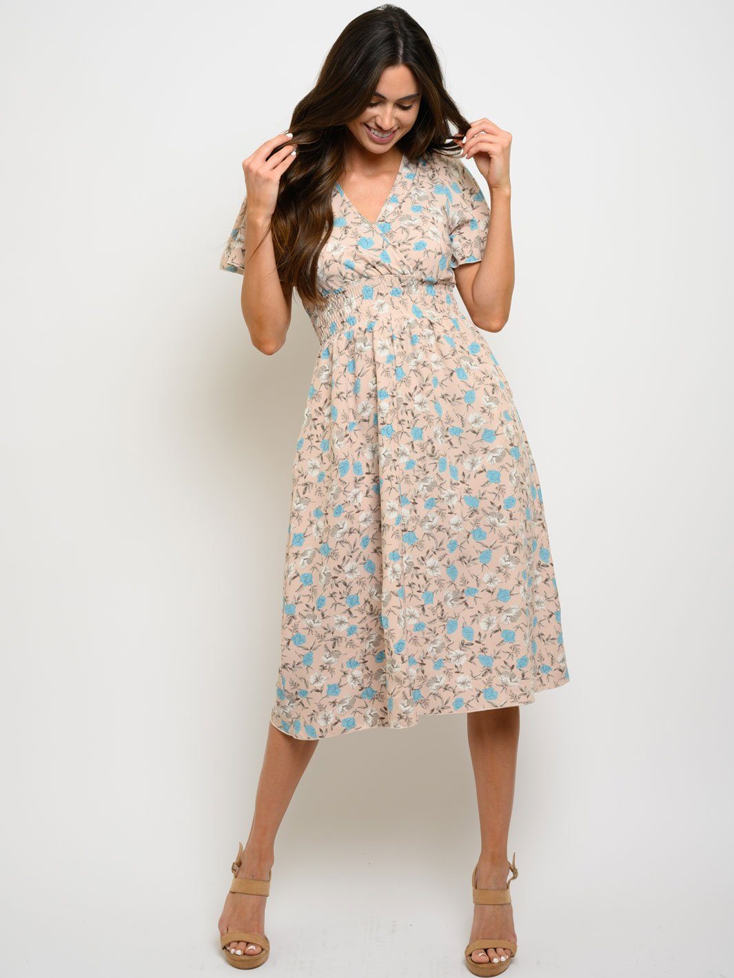WOMEN'S V-NECK POCKETS FLORAL MIDI DRESS