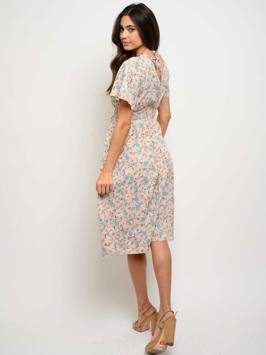 WOMEN'S V-NECK POCKETS FLORAL MIDI DRESS