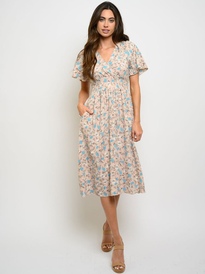 WOMEN'S V-NECK POCKETS FLORAL MIDI DRESS