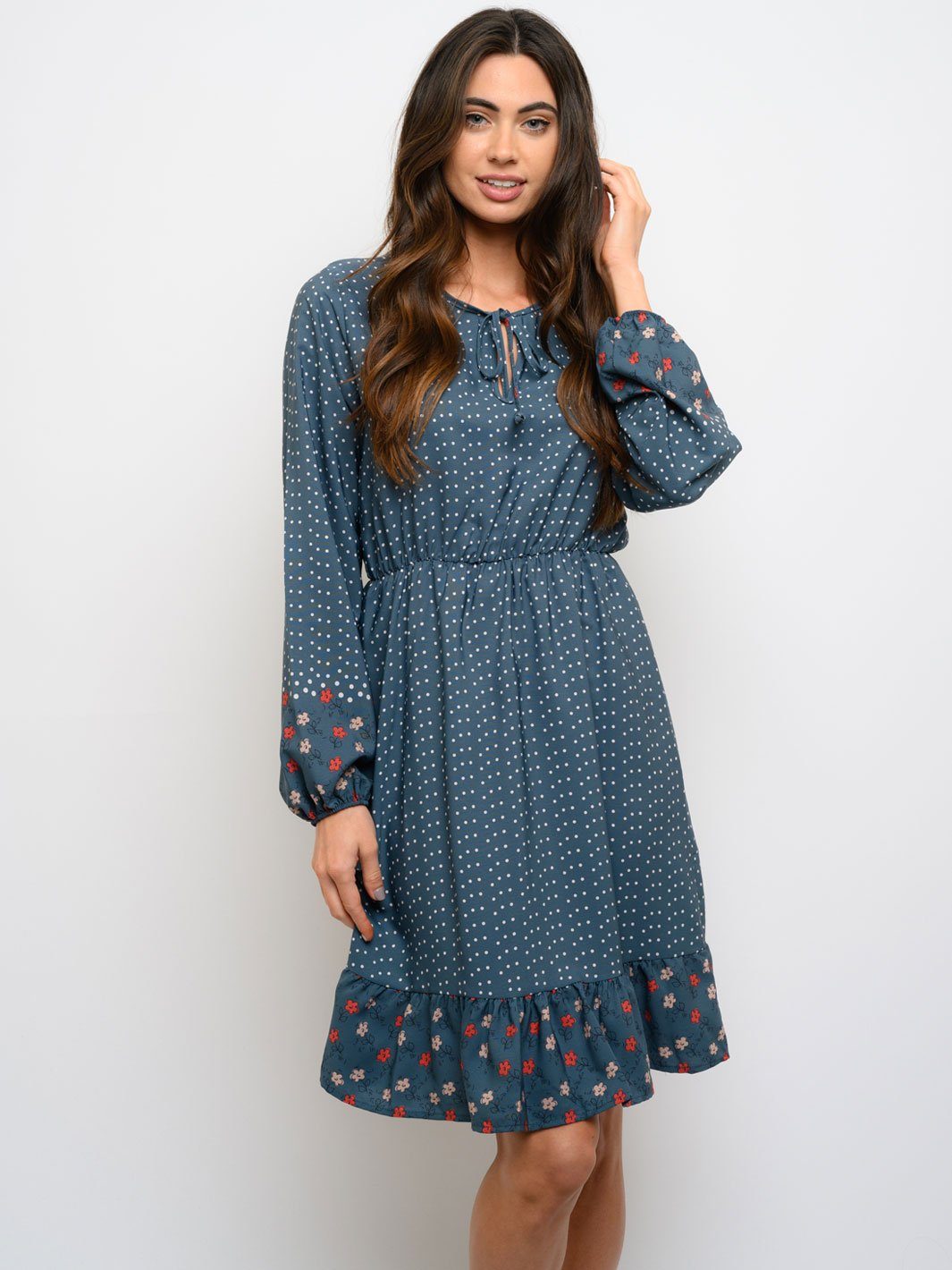 WOMEN'S LONG SLEEVE FLORAL POLKA DOTS DRESS