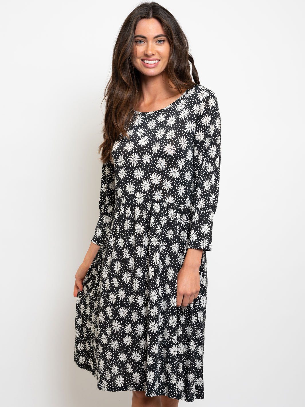 WOMEN'S BLACK WHITE FLORAL MIDI DRESS
