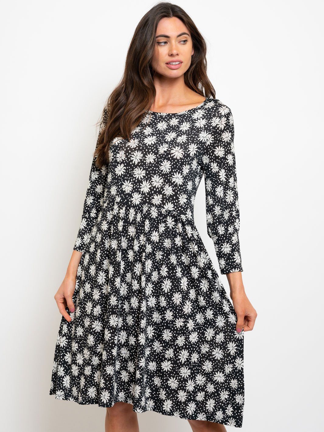 WOMEN'S BLACK WHITE FLORAL MIDI DRESS