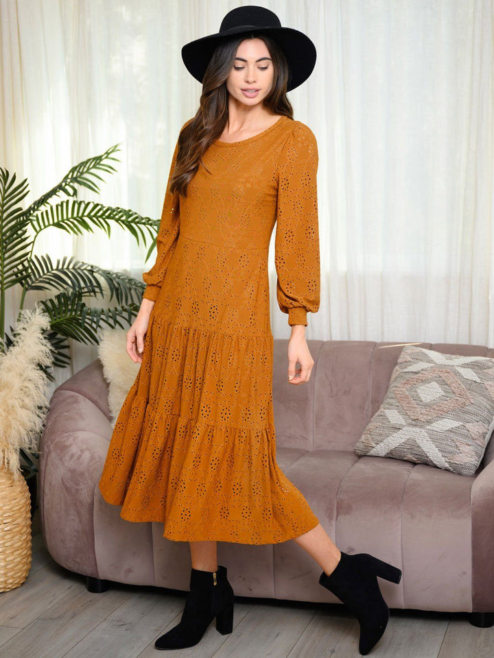 WOMEN'S LONG SLEEVE EYELET KNIT MIDI DRESS