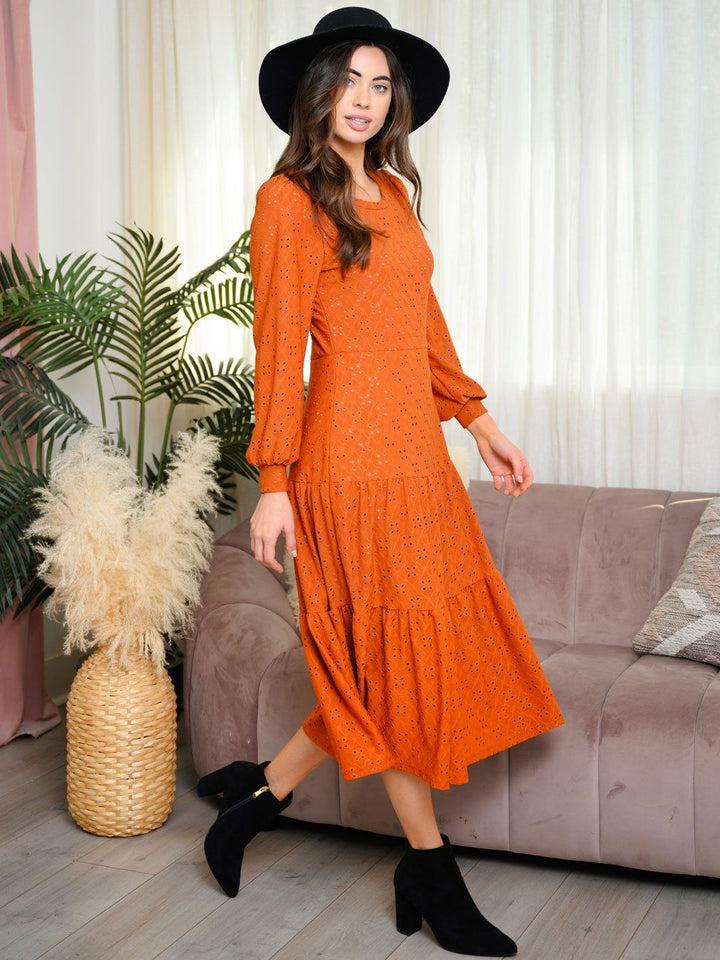 WOMEN'S LONG SLEEVE EYELET KNIT MIDI DRESS
