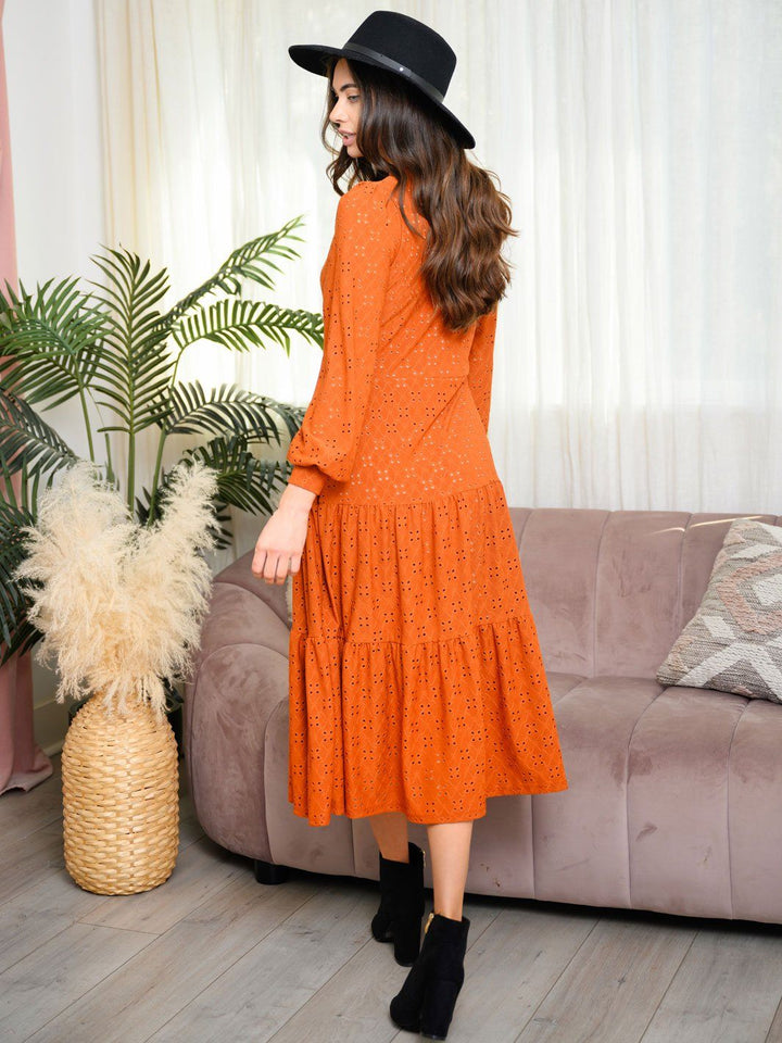 WOMEN'S LONG SLEEVE EYELET KNIT MIDI DRESS