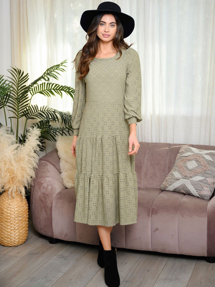 WOMEN'S LONG SLEEVE EYELET KNIT MIDI DRESS