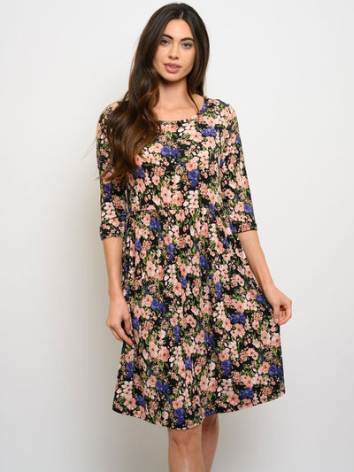 WOMEN'S 3/4 SLEEVES FLORAL POCKETS MINI DRESS