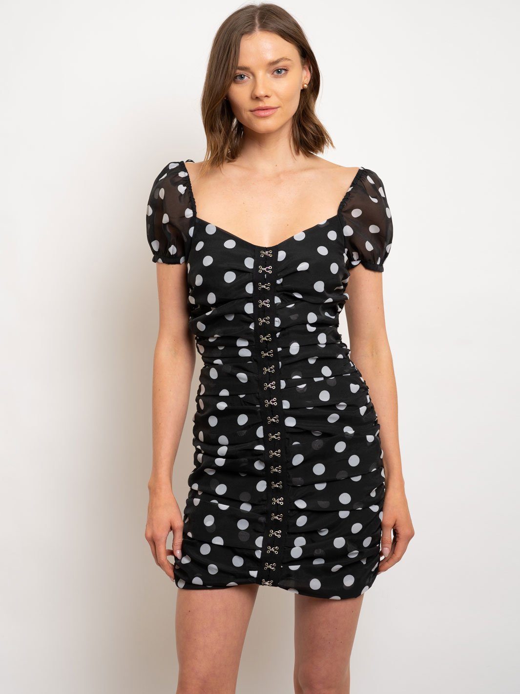 WOMEN'S POLKA DOT RUCHED PUFF SLEEVE DRESS