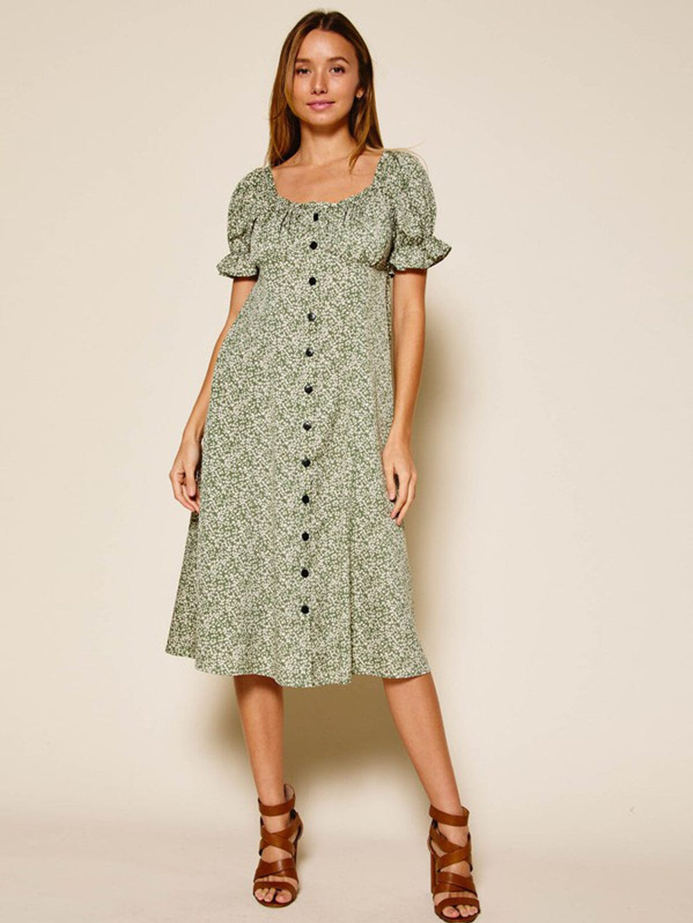 WOMEN'S SHORT PUFF SLEEVE BUTTON UP FLORAL MIDI DRESS
