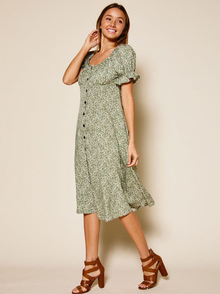 WOMEN'S SHORT PUFF SLEEVE BUTTON UP FLORAL MIDI DRESS
