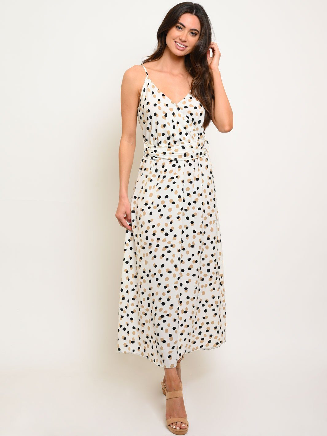 WOMEN'S WHITE W/DOTS SLEEVELESS MAXI DRESS
