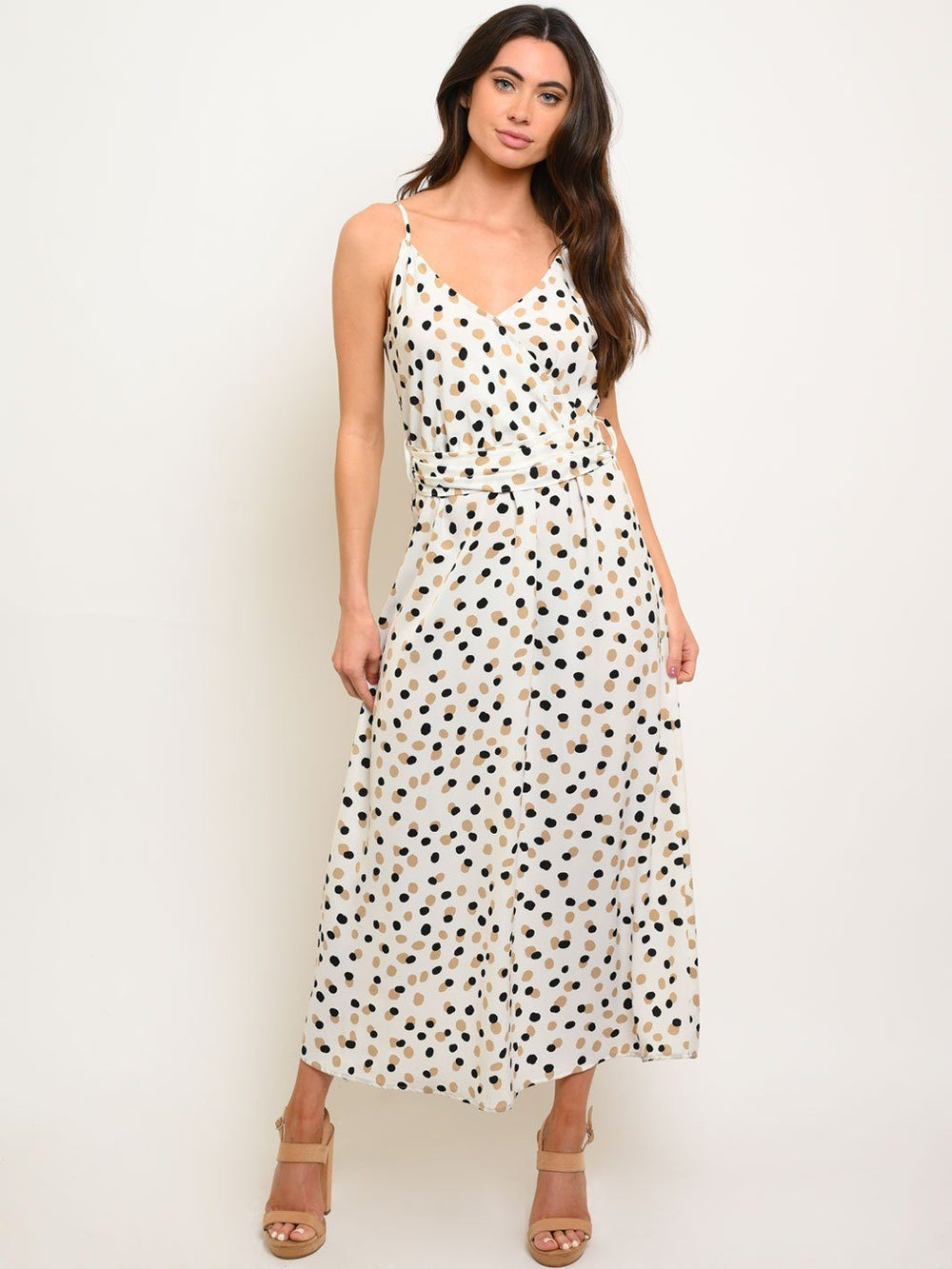 WOMEN'S WHITE W/DOTS SLEEVELESS MAXI DRESS
