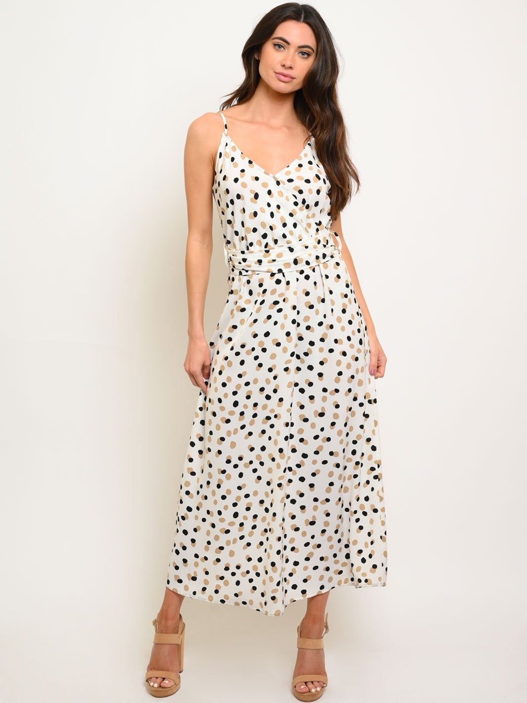 WOMEN'S WHITE W/DOTS SLEEVELESS MAXI DRESS