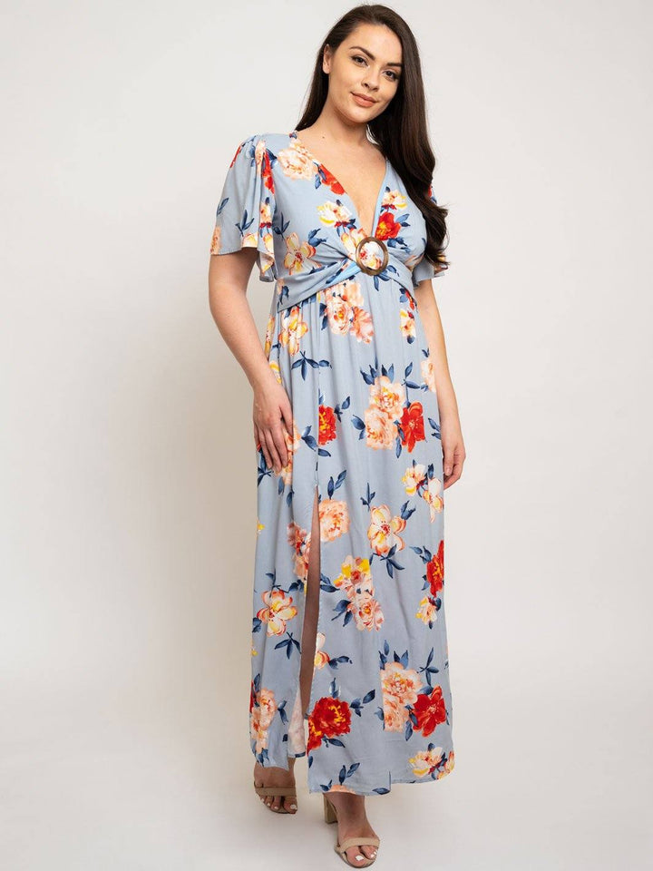 PLUS SIZE SHORT SLEEVE V-NECK FLORAL MAXI DRESS