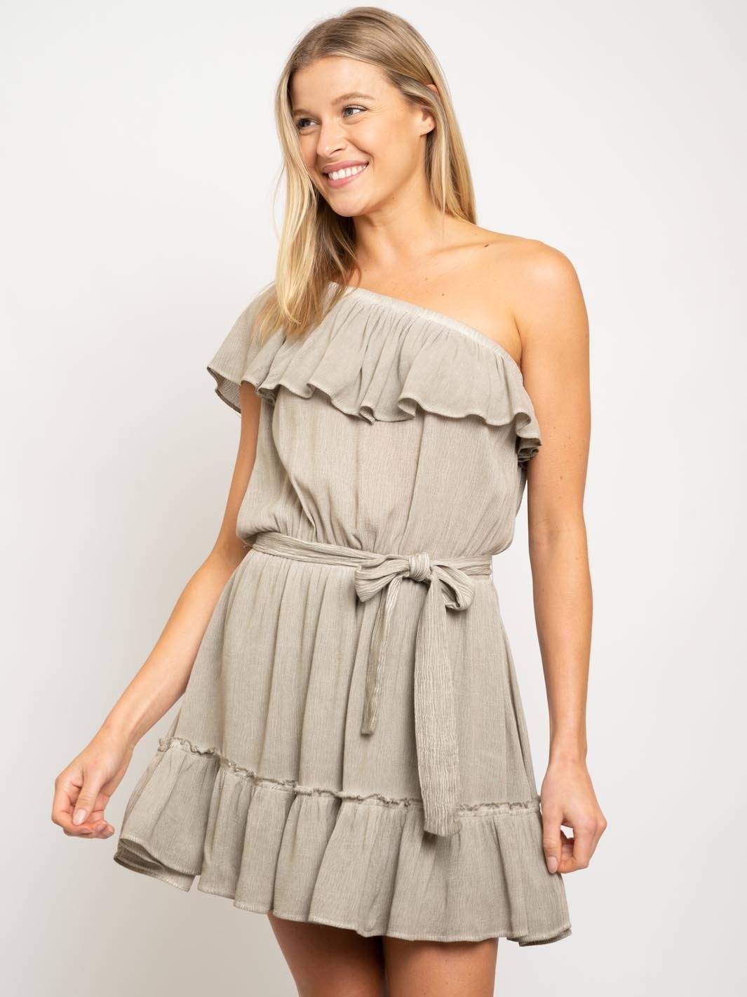 WOMEN'S ONE SHOULDER RUFFLE MINI DRESS
