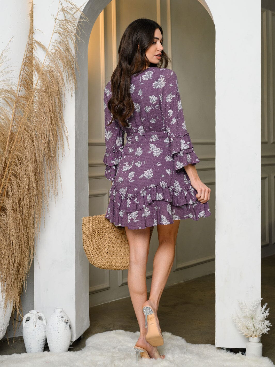 WOMEN'S 3/4 SLEEVE FLORAL SWISS DOT SURPLICE MINI DRESS