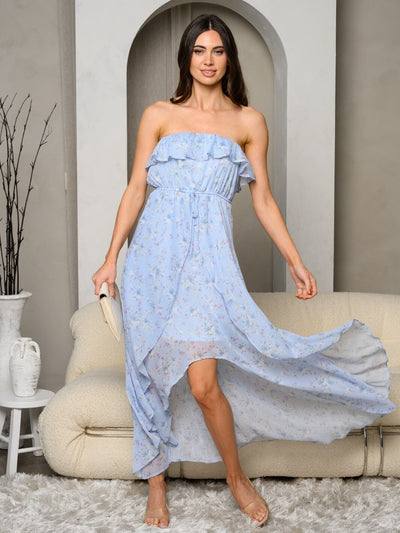 WOMEN'S SLEEVELESS RUFFLE HI-LO FLORAL MAXI DRESS