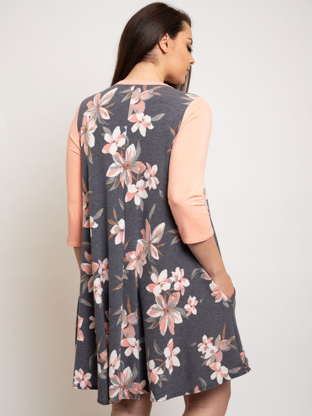 PLUS SIZE CHARCOAL PINK FLORAL TUNIC DRESS