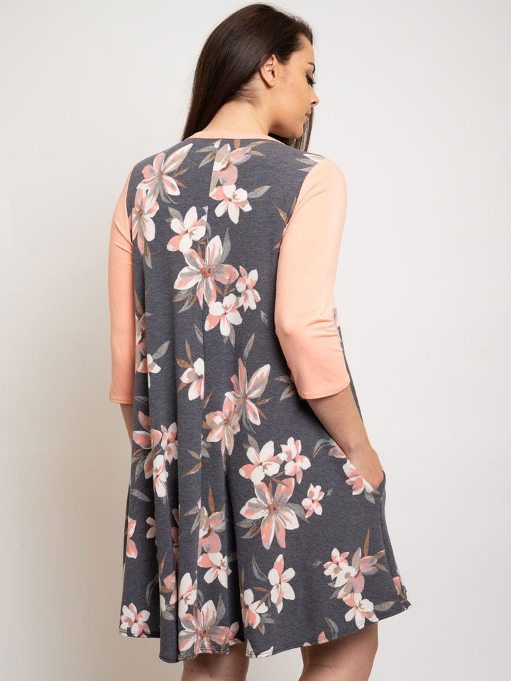 PLUS SIZE CHARCOAL PINK FLORAL TUNIC DRESS