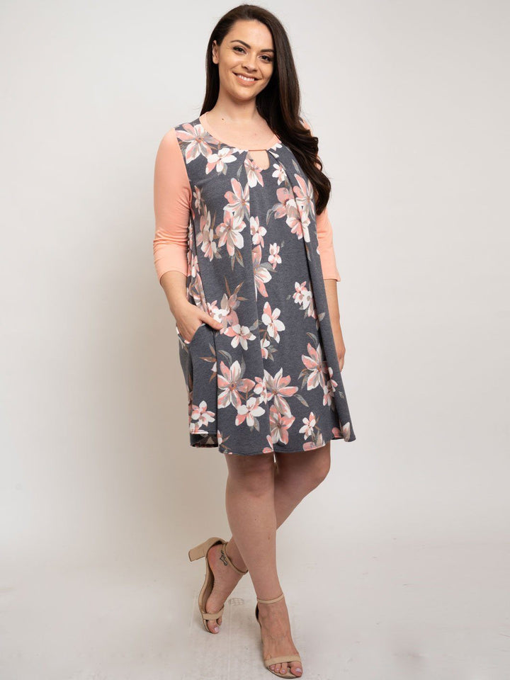 PLUS SIZE CHARCOAL PINK FLORAL TUNIC DRESS