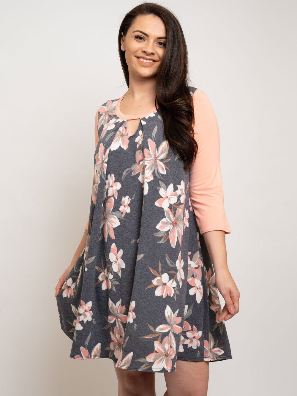 PLUS SIZE CHARCOAL PINK FLORAL TUNIC DRESS
