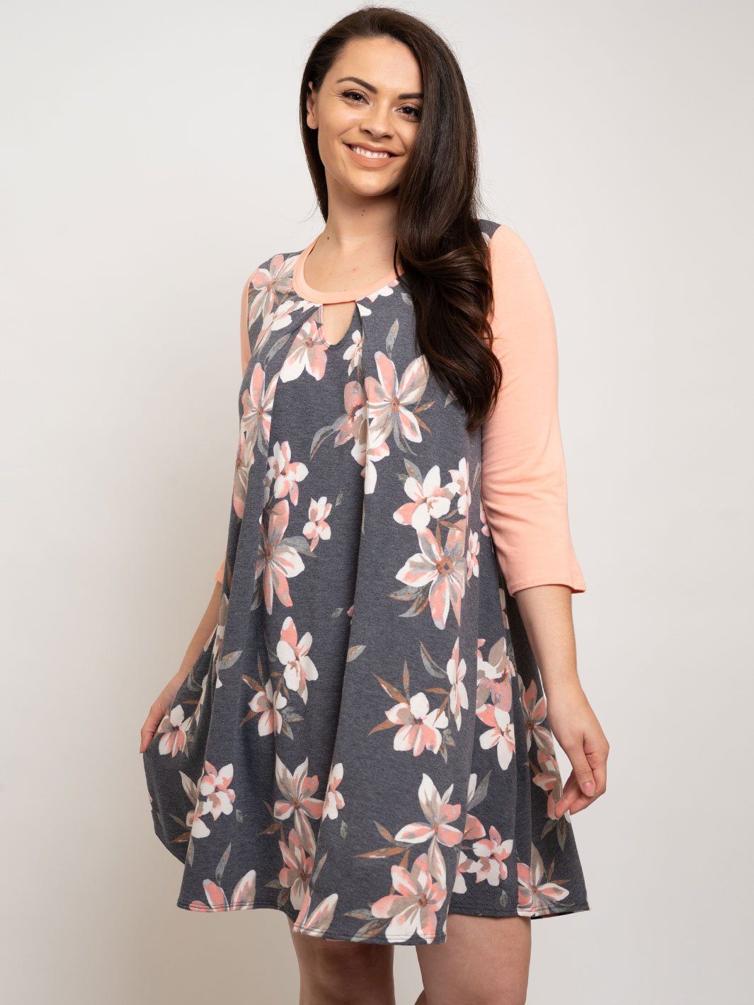 PLUS SIZE CHARCOAL PINK FLORAL TUNIC DRESS