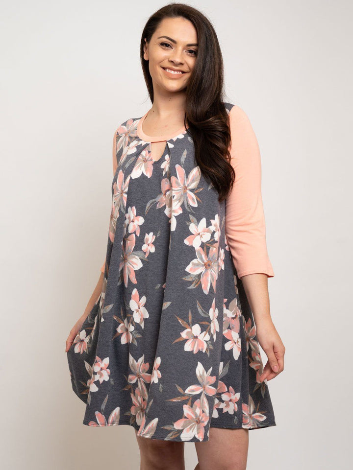 PLUS SIZE CHARCOAL PINK FLORAL TUNIC DRESS