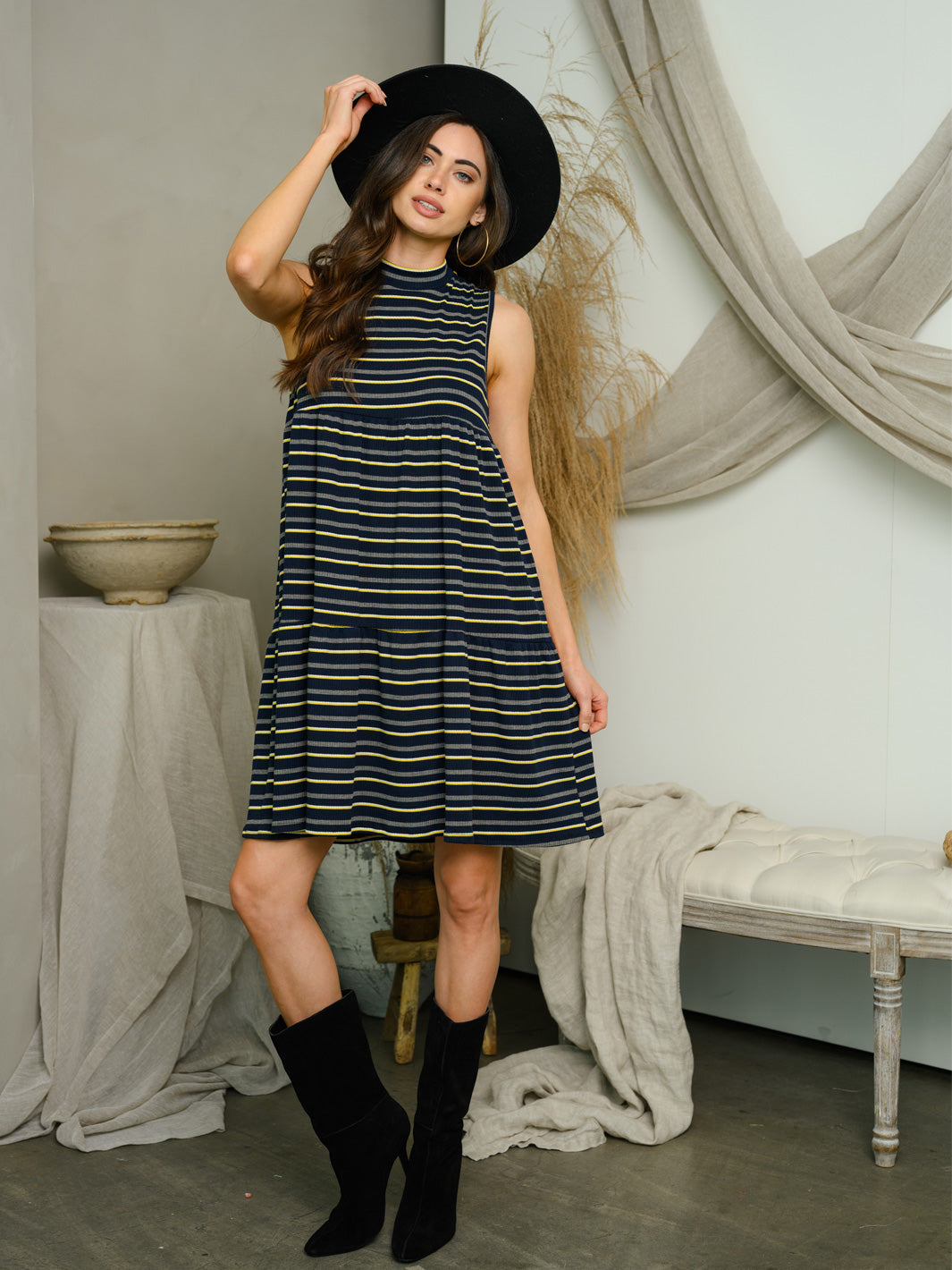 WOMEN'S STRIPE RIB MOCK NECK MINI DRESS