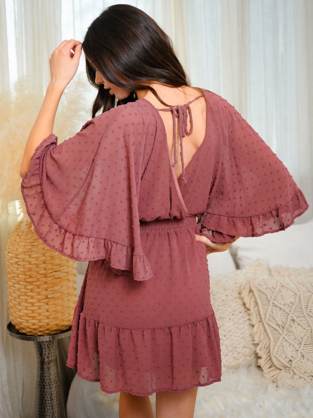 WOMEN'S SWISS DOT BELL SLEEVE SMOCKING WAIST MINI DRESS