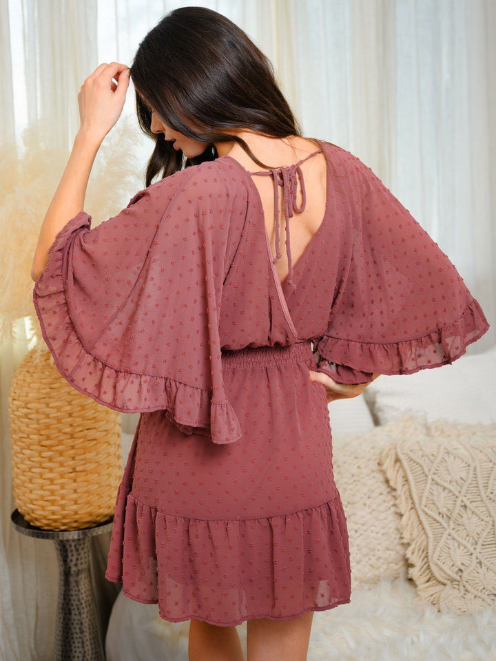 WOMEN'S SWISS DOT BELL SLEEVE SMOCKING WAIST MINI DRESS